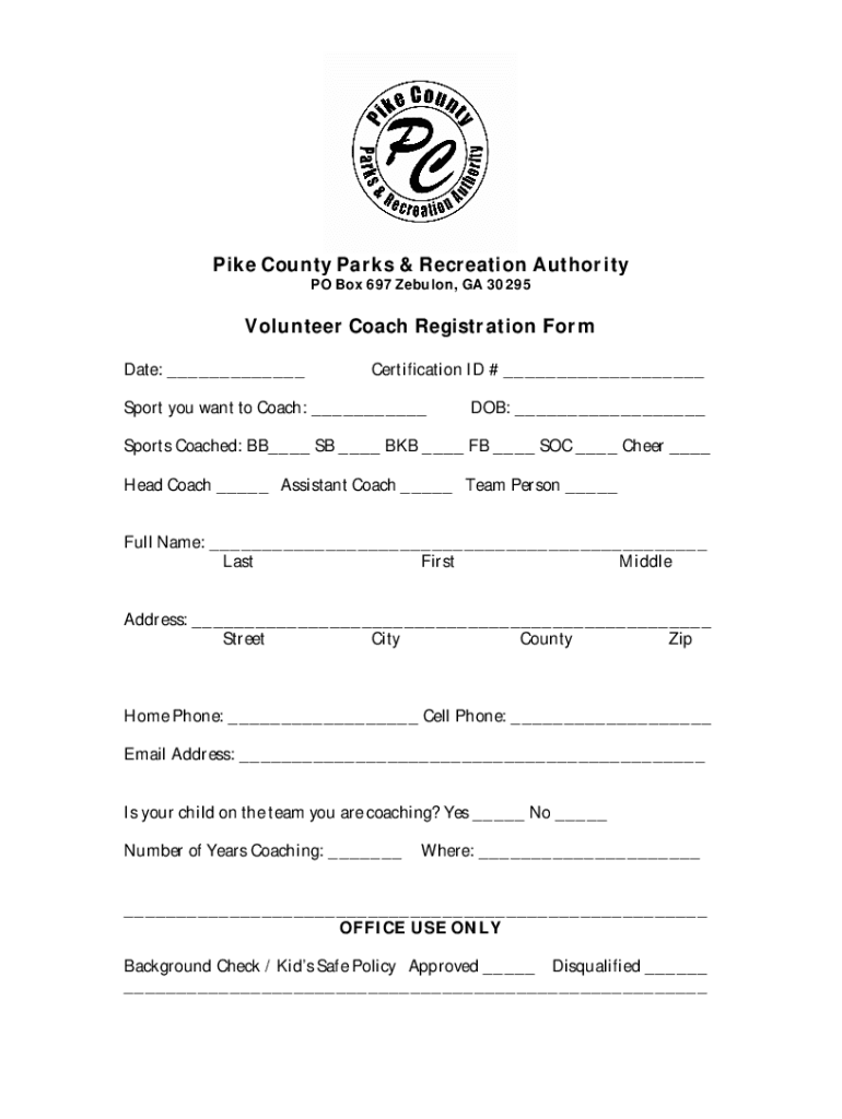 Fillable Online Volunteer Coach Reg Form.doc Fax Email Print pdfFiller