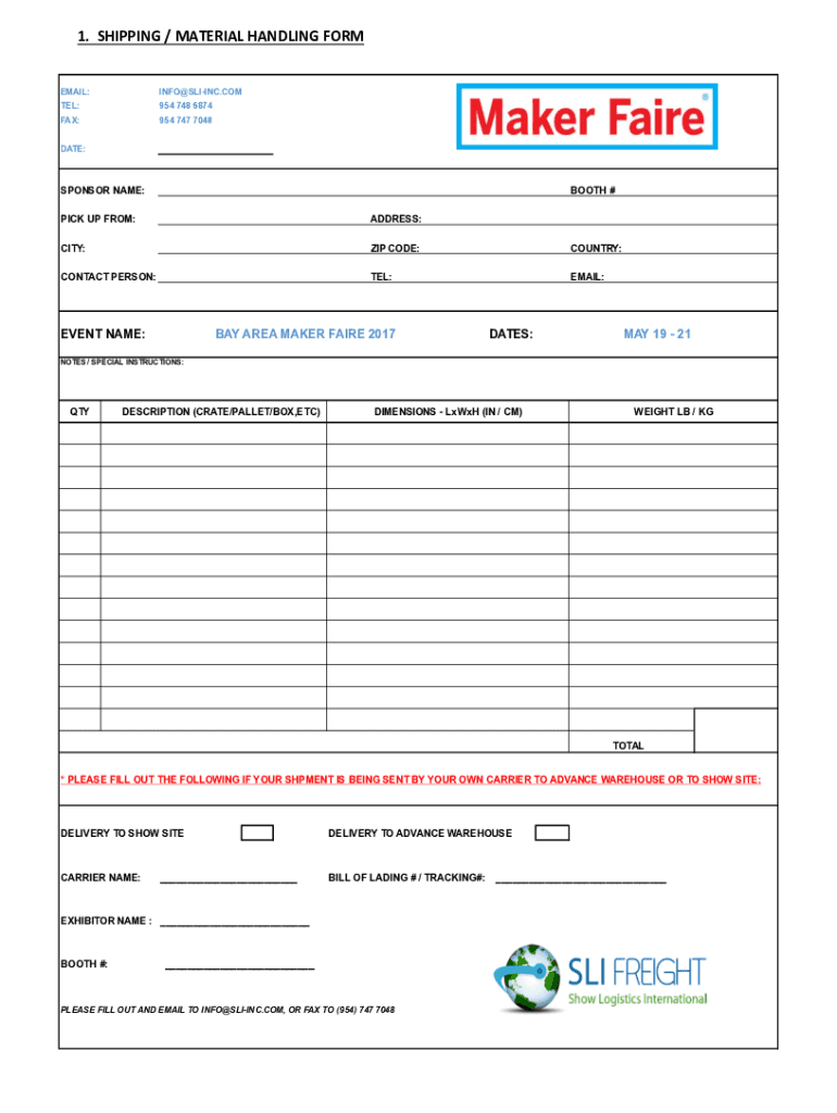Fillable Online 1. SHIPPING / MATERIAL HANDLING FORM Fax Email Print