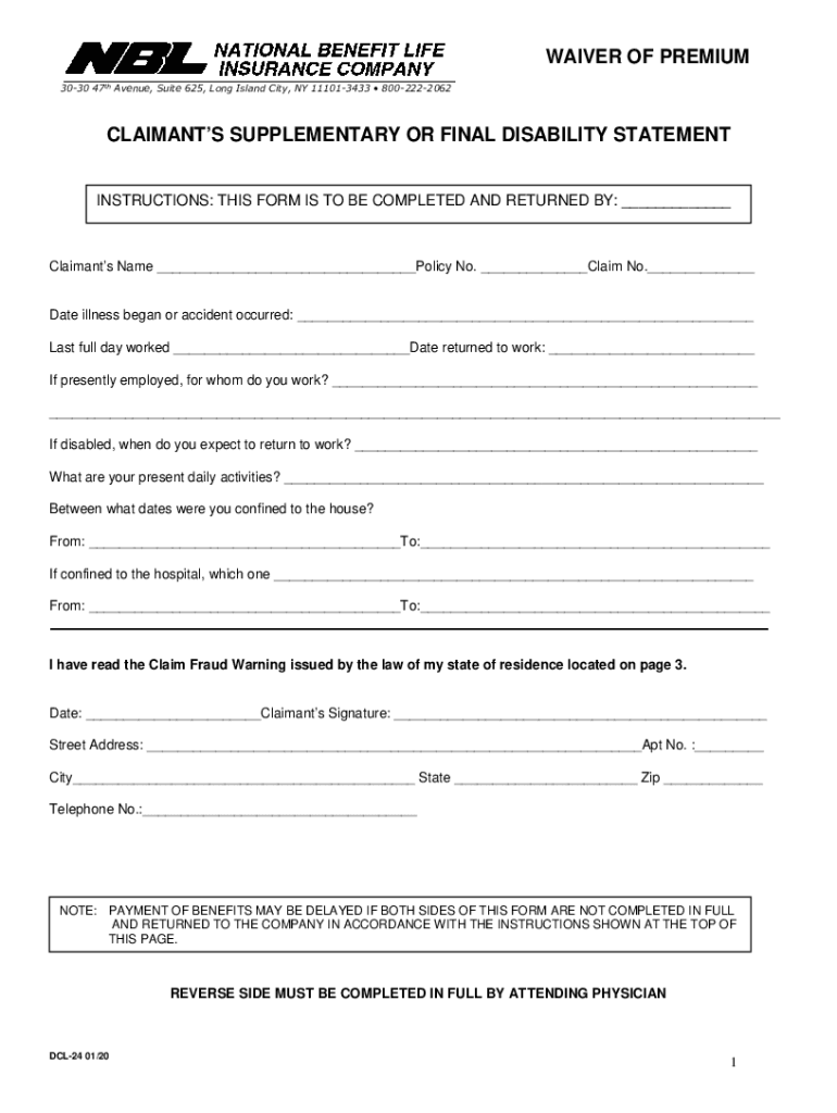 Fillable Online Life Insurance Benefits Disability Waiver of Premium