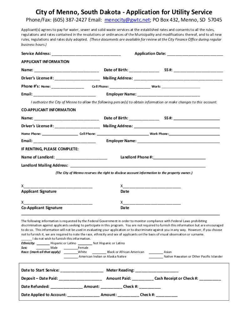 Fillable Online City of Menno, South Dakota Application for Utility