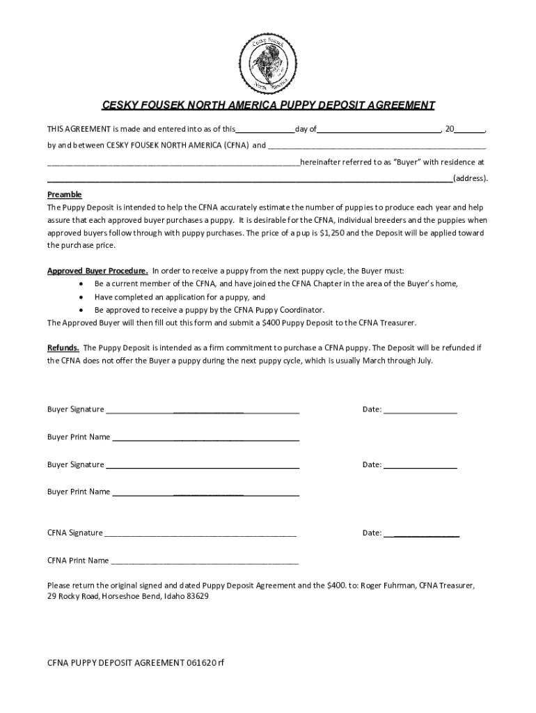 Fillable Online cfna puppy deposit agreement 061620 Fax Email Print ...