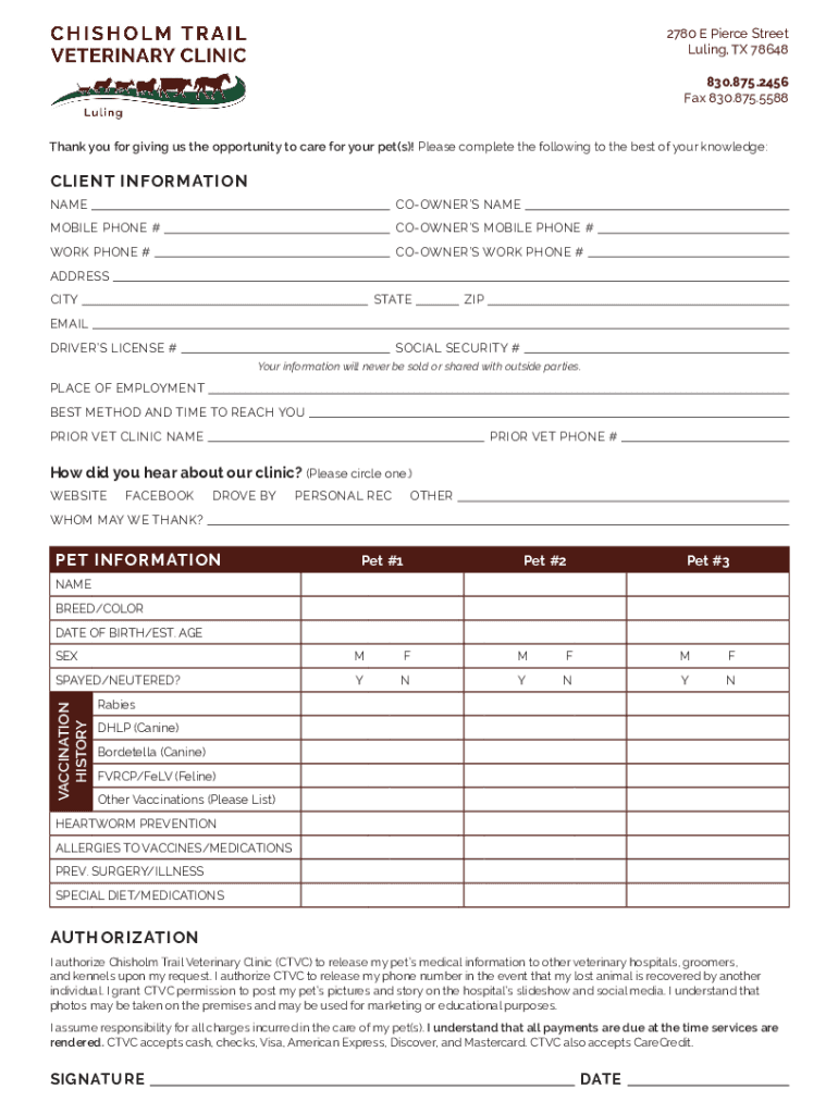 Fillable Online Chisholm Trail Veterinary Clinic of Luling Small and