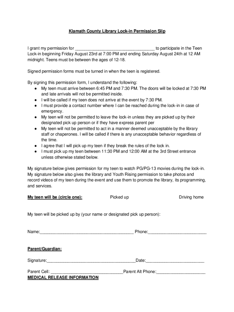 Fillable Online Klamath County Library Lock-In Permission Form Fax ...