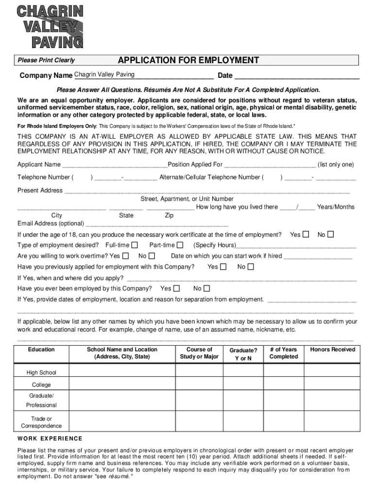 Fillable Online Application for Employment Foremost Paving, Inc. Fax