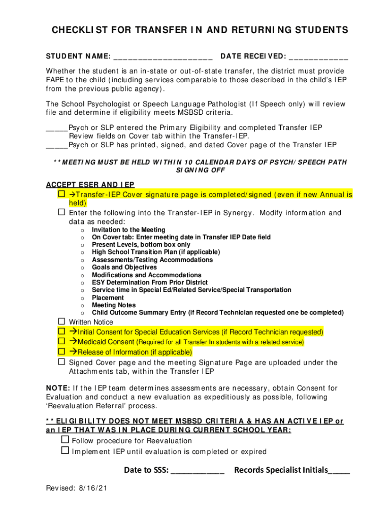 Fillable Online Transfer Process for Students with IEPs Fax Email Print