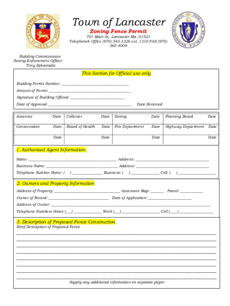 Fillable Online Zoning Fence Permit Application Lancaster MA Fax