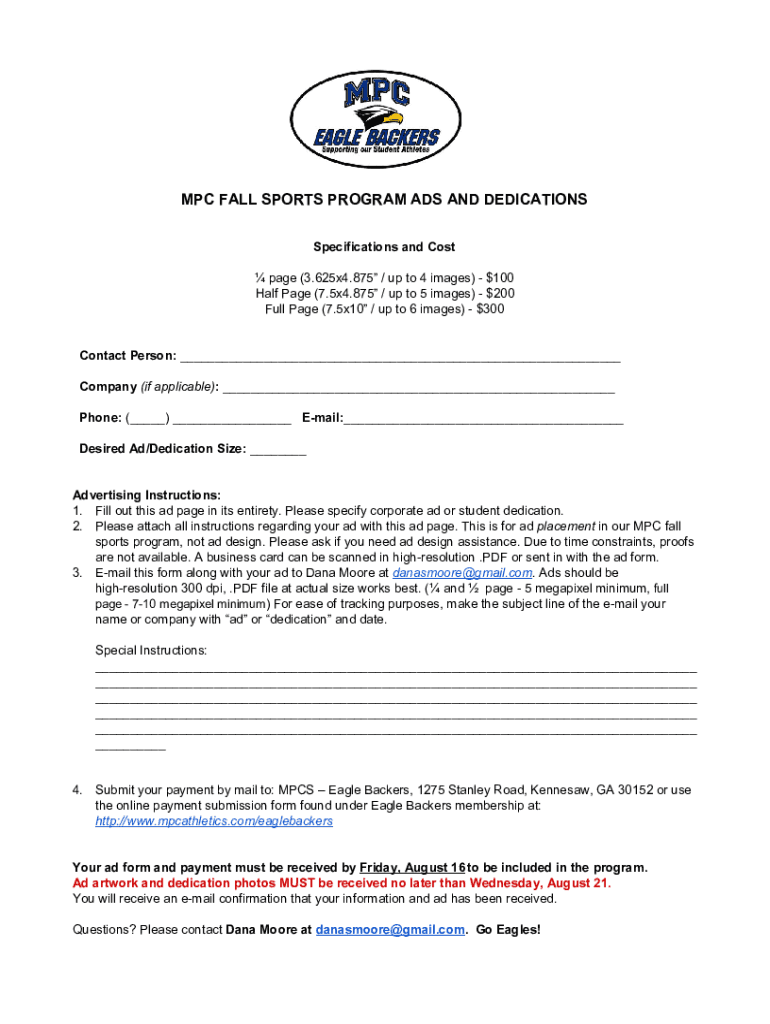 Fillable Online MPC FALL SPORTS PROGRAM ADS AND DEDICATIONS Fax Email