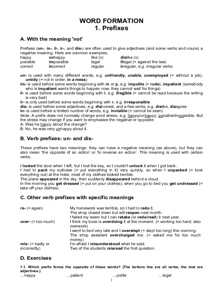 Fillable Online Negative Prefix List Examples from de and dis to un