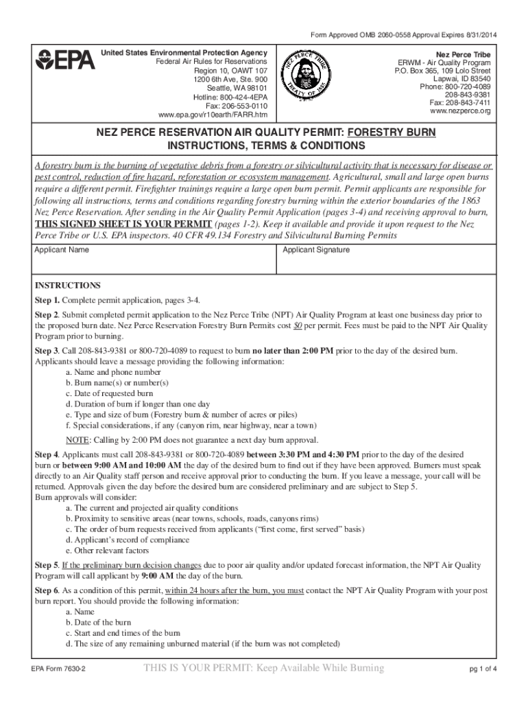 Fillable Online Nez Perce Reservation Forestry Burn Permit Application