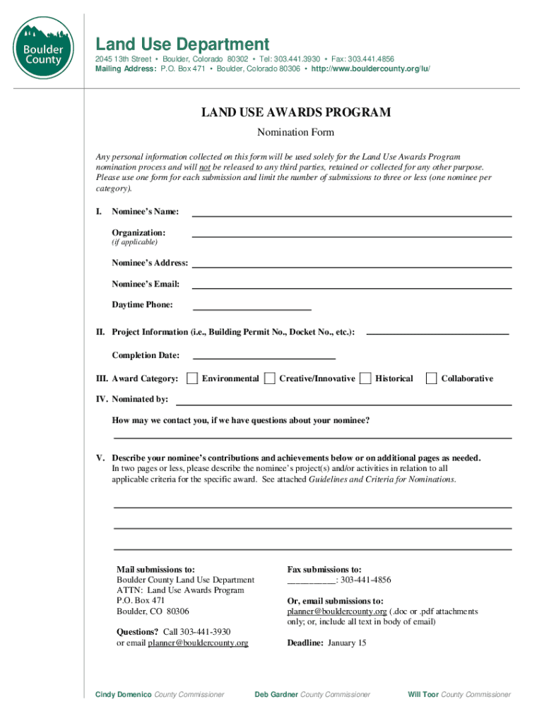 Fillable Online Boulder County Land Use Awards Program Nomination Form
