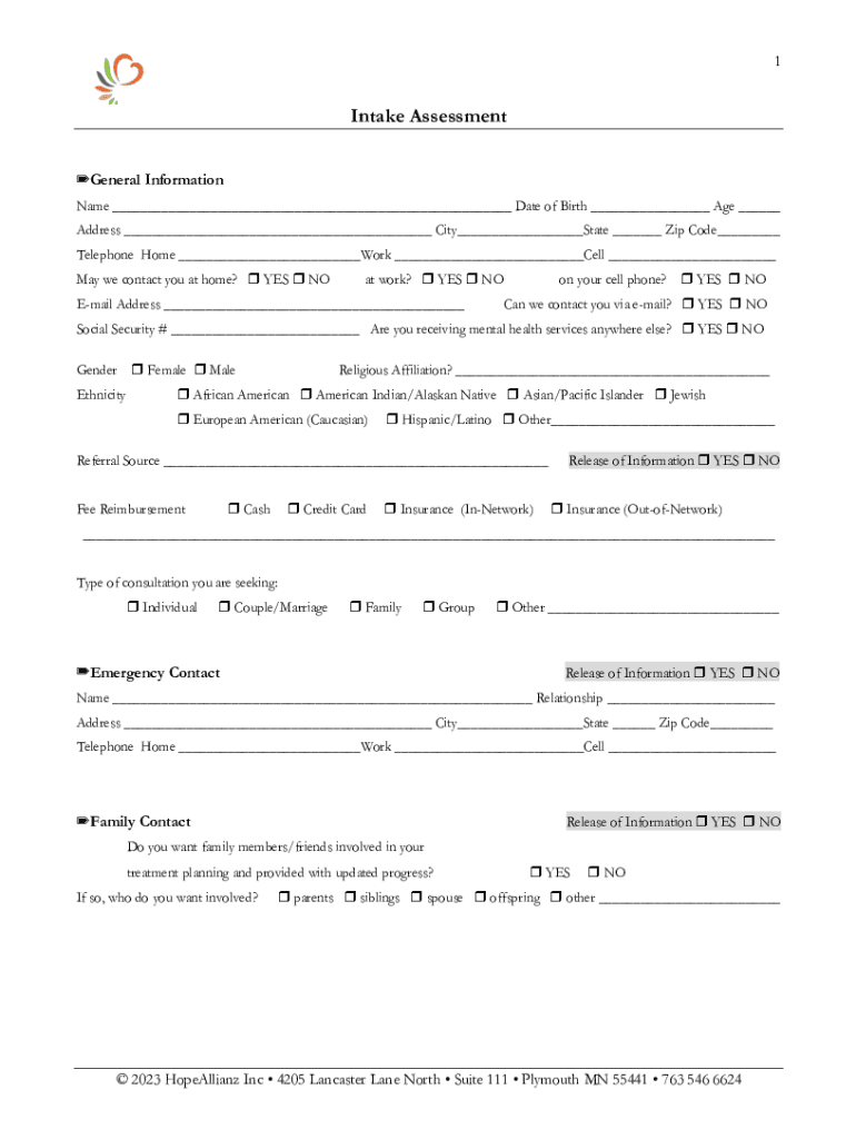 Fillable Online Intake FormsAdult Fax Email Print - pdfFiller