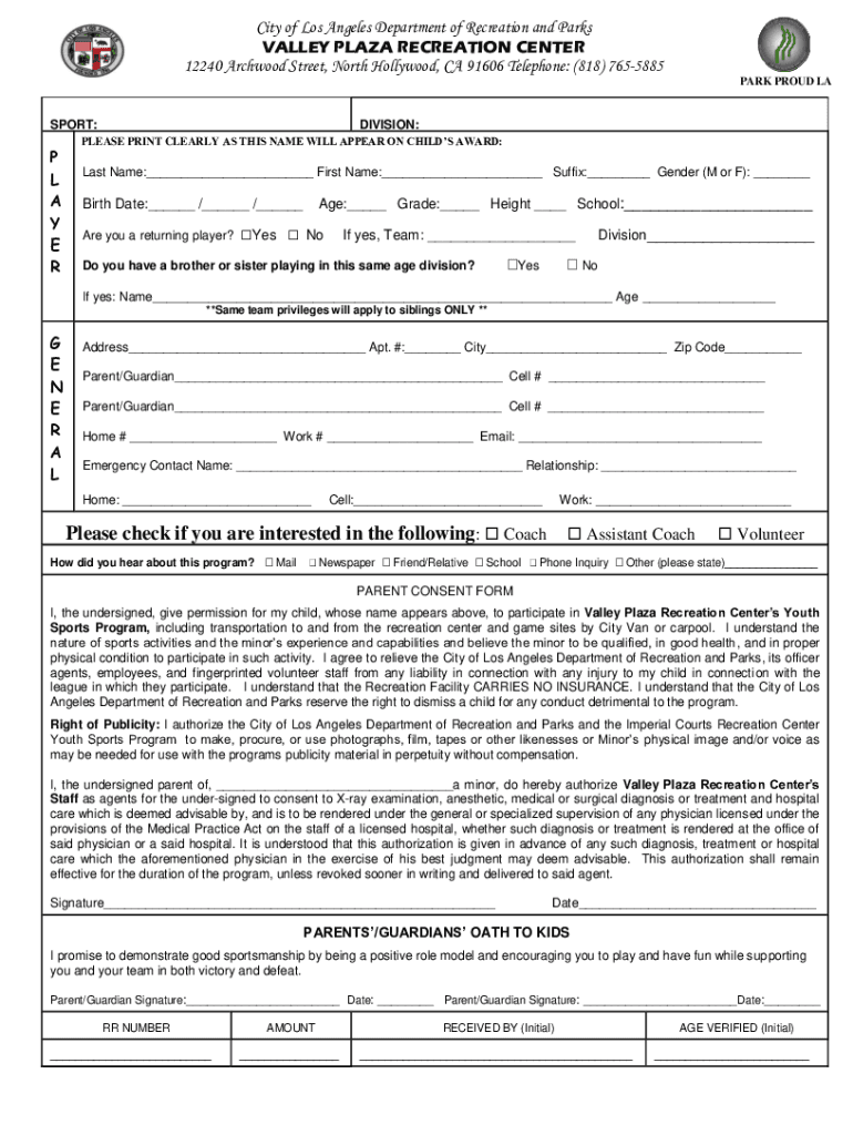 Fillable Online Valley Plaza Park and Recreation Center Los Angeles