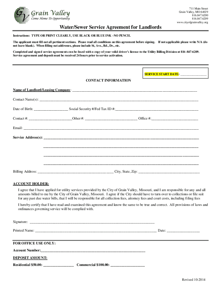 Fillable Online Utility Billing Forms City of Grain Valley, Missouri