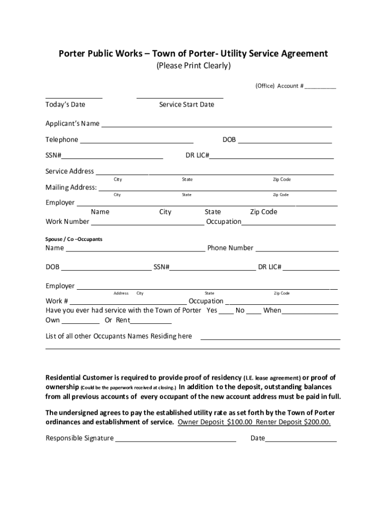 Fillable Online Town of Porter Utility Service Agreement Fax Email