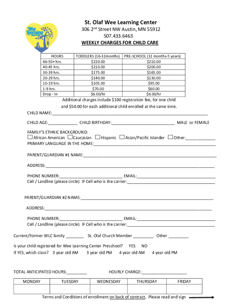 Fillable Online St Olaf Wee Learning CenterAustin MN Child Care Center