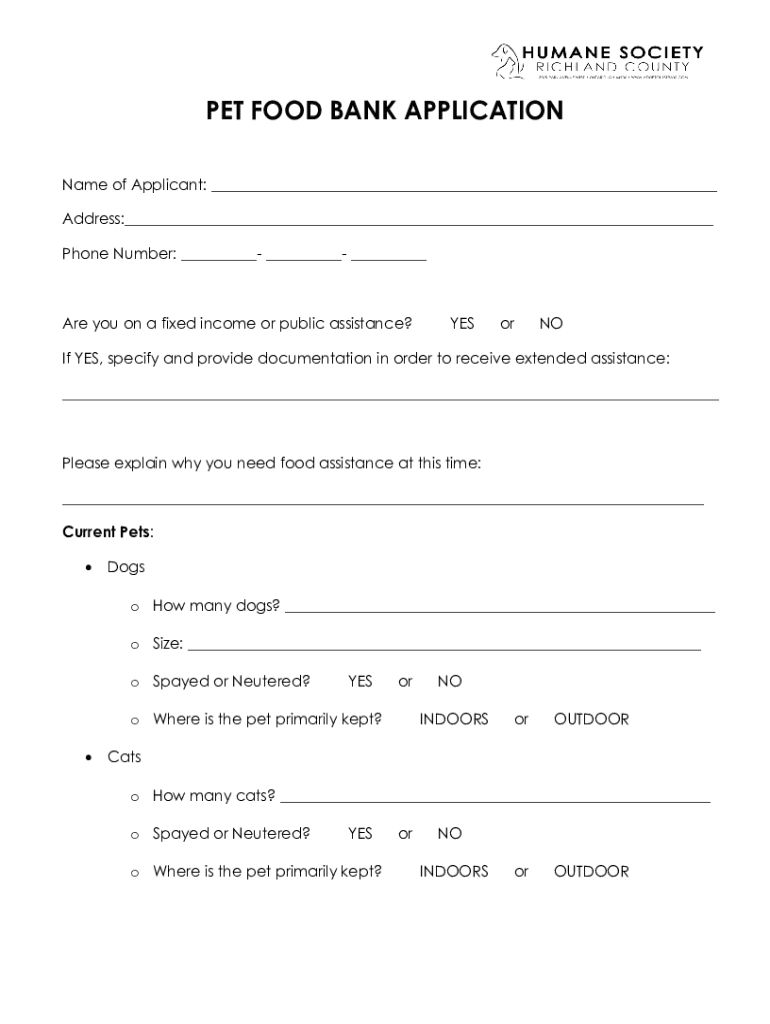 Fillable Online PET FOOD BANK APPLICATION Fax Email Print pdfFiller