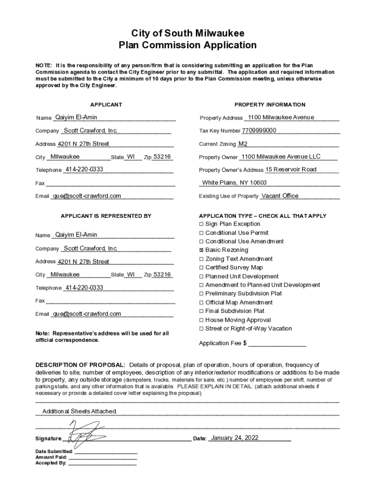 Fillable Online City of South Milwaukee Plan Commission Application Fax