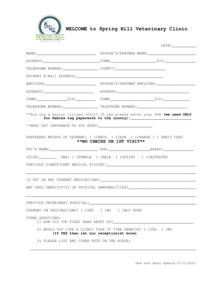 Fillable Online Spring Hill Veterinary Clinic, Veterinarian in Spring