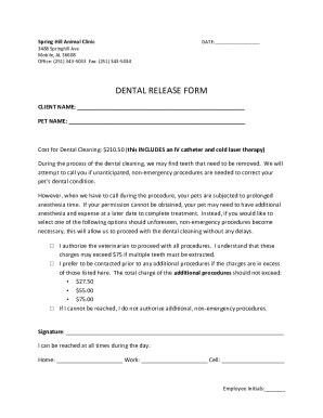 Fillable Online DENTAL RELEASE FORM - Spring Hill Animal Clinic Fax ...