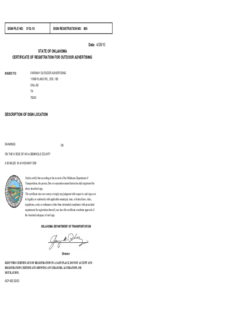 Fillable Online STATE OF OKLAHOMA CERTIFICATE OF REGISTRATION FOR
