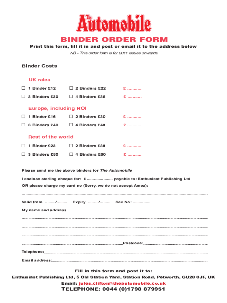 Fillable Online BINDER ORDER FORM The Automobile Fax Email Print