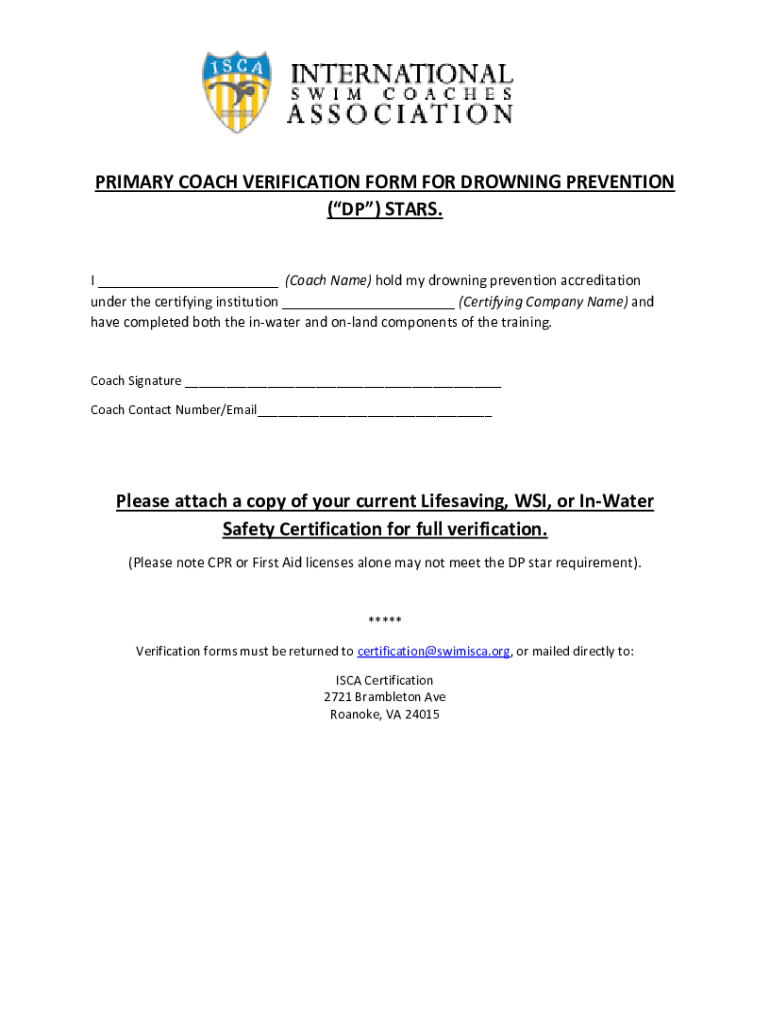 Fillable Online primary coach verification form for drowning prevention