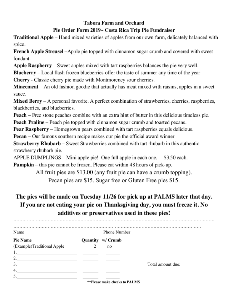 Fillable Online All fruit pies are 13.00 (any fruit pie can have a