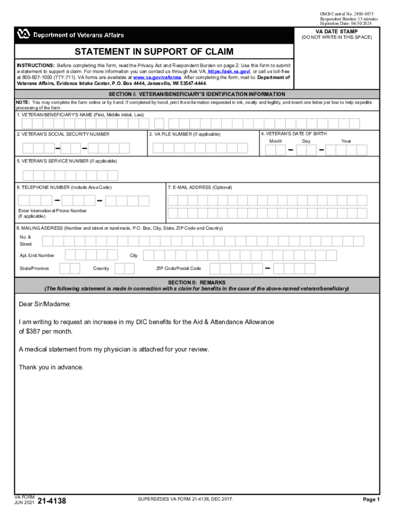 Fillable Online Va 21 4138 Statement In Support Of Claim Fax Email