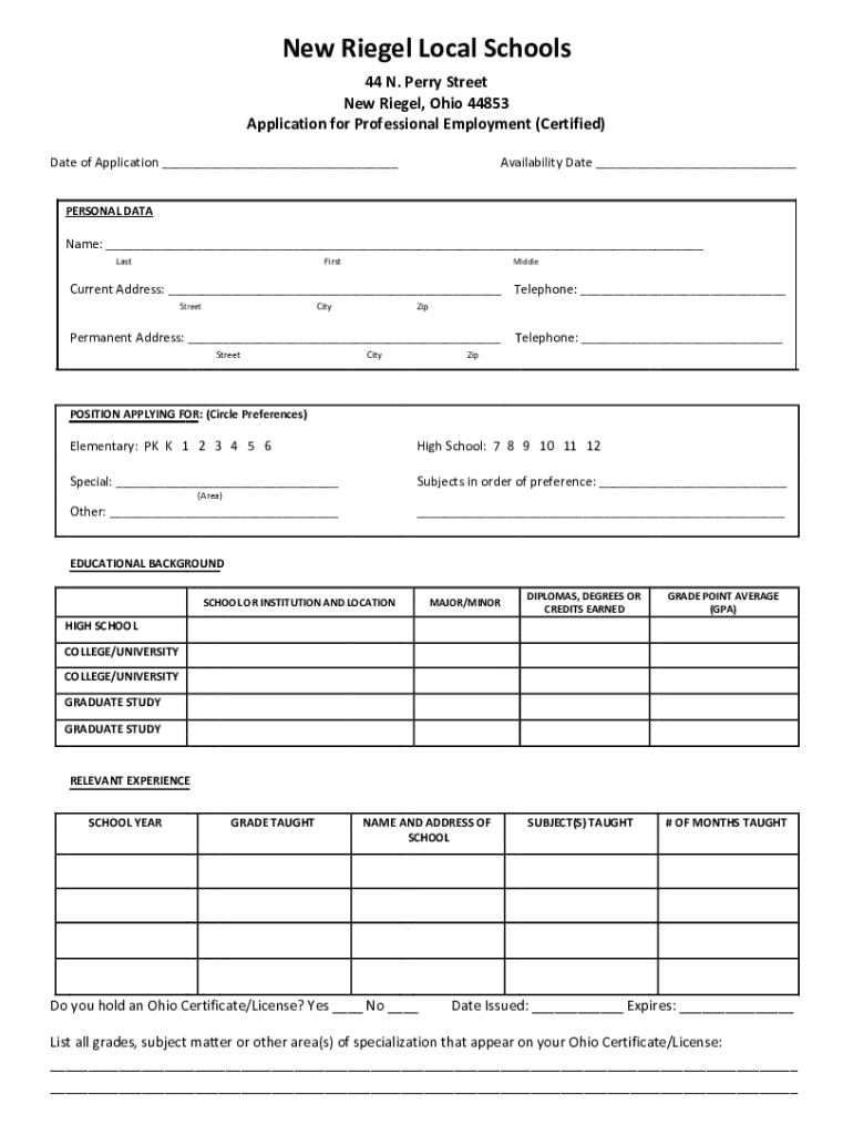 Fillable Online application for new riegel local school superintendent