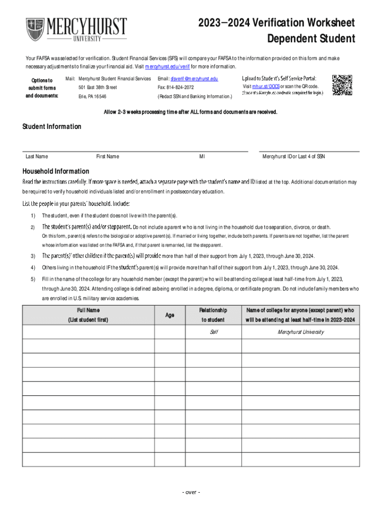 20242025 Verification Worksheet Fillable Online 20232024 I