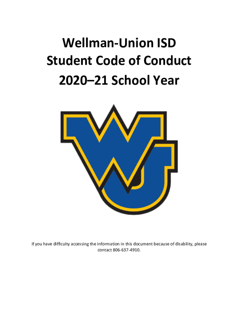 Fillable Online wellman esc17 WellmanUnion ISD Student Code of Conduct