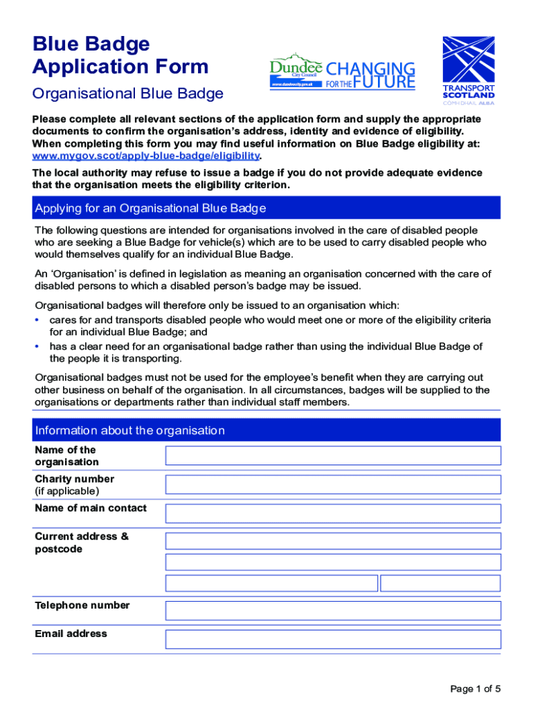 Fillable Online Blue Badge Application Form Organisational Blue Badge
