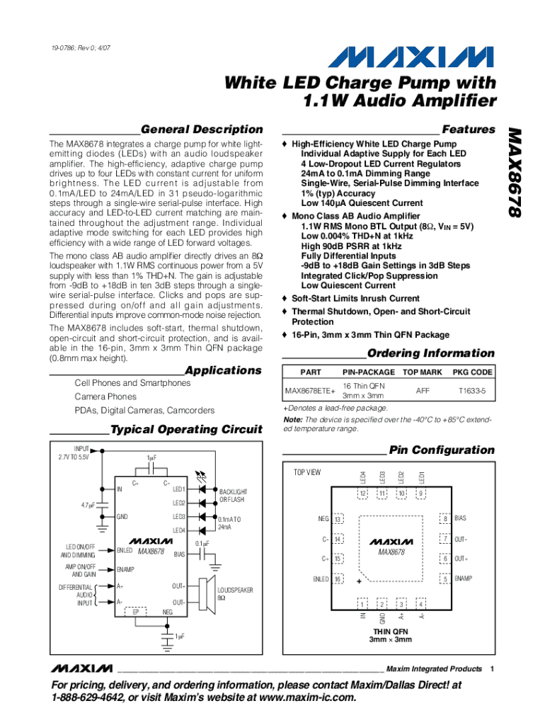 Fillable Online MAX8678 White LED Charge Pump with 1.1W Audio Fax