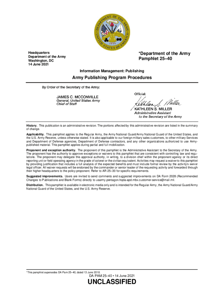 Fillable Online armypubs army DA PAM 25-40 Army Publishing Program ...