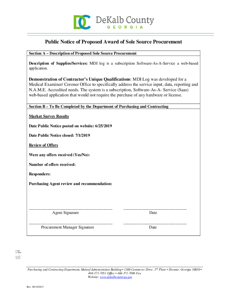 Fillable Online Notice of Intent to Award Sole Source Contracts DC