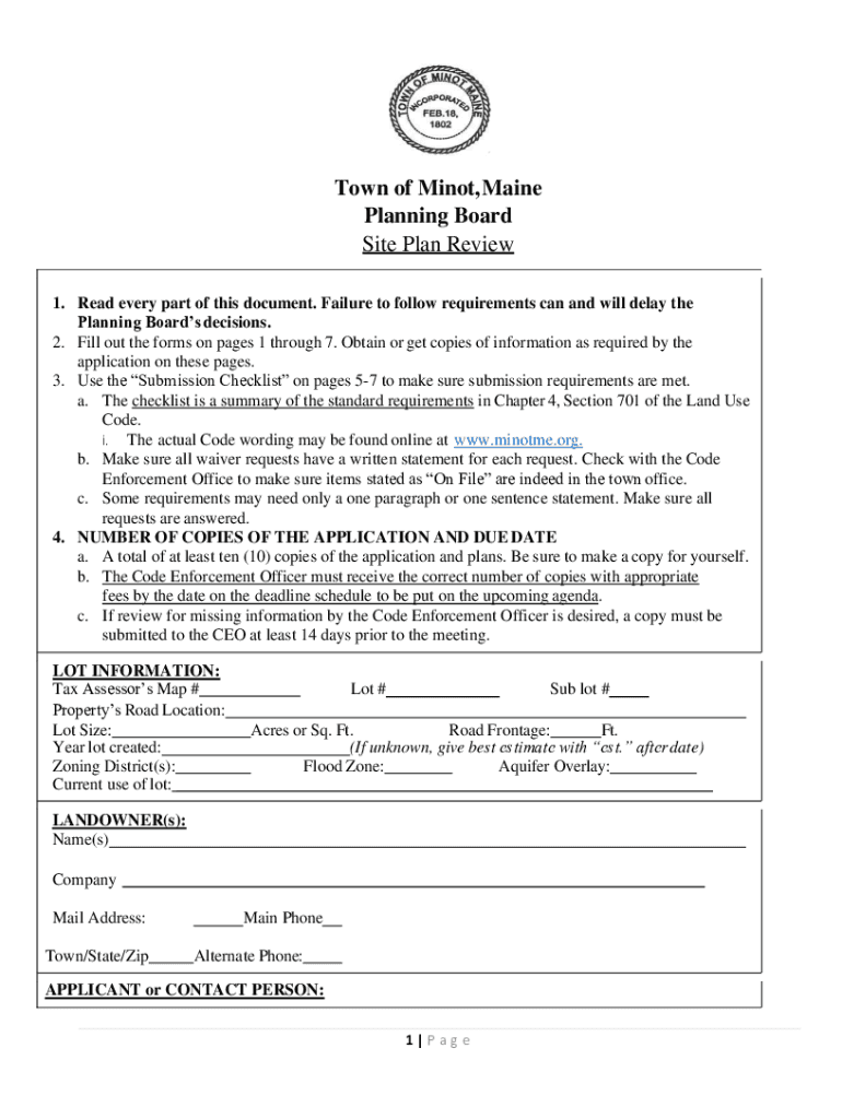 Fillable Online Town of Minot, Maine Planning Board Site Plan Review