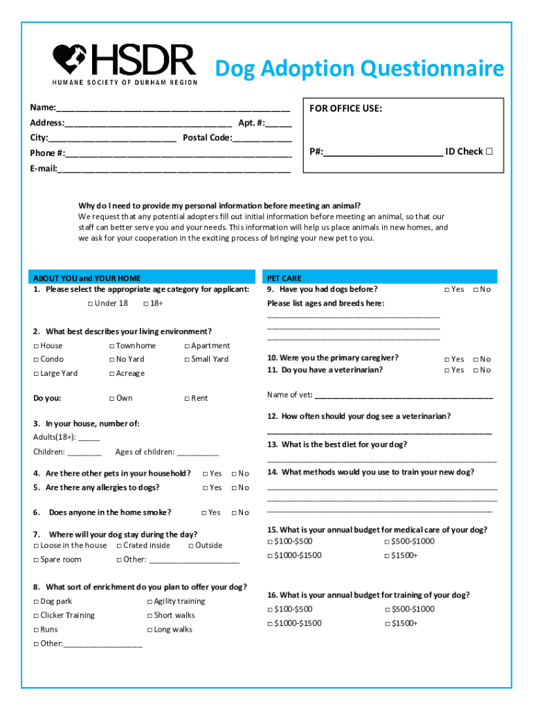Fillable Online Dog Adoption Questionnaire Fax Email Print pdfFiller