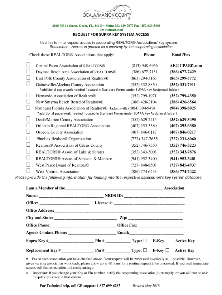 Fillable Online Fillable Online REQUEST FOR SUPRA KEY SYSTEM Fax