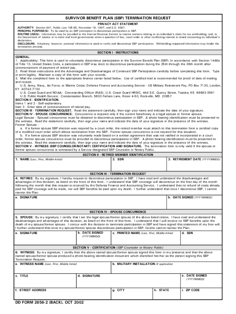 Fillable Online DD Form 26562, Survivor Benefit Plan Termination