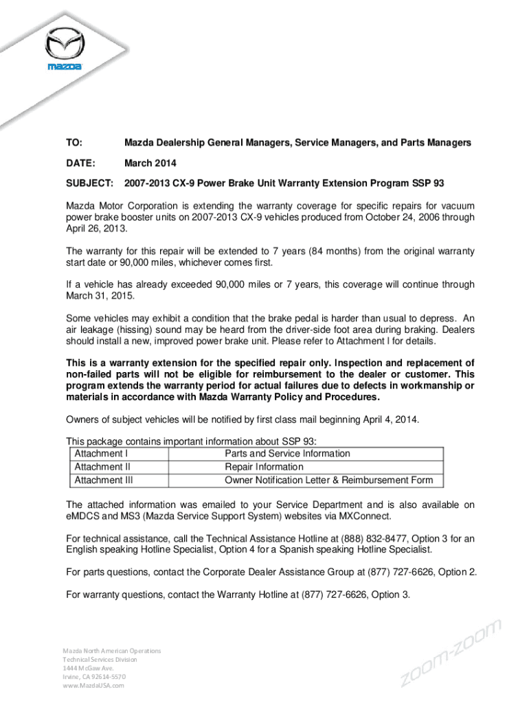 Fillable Online 20072013 CX9 Power Brake Unit Warranty Extension