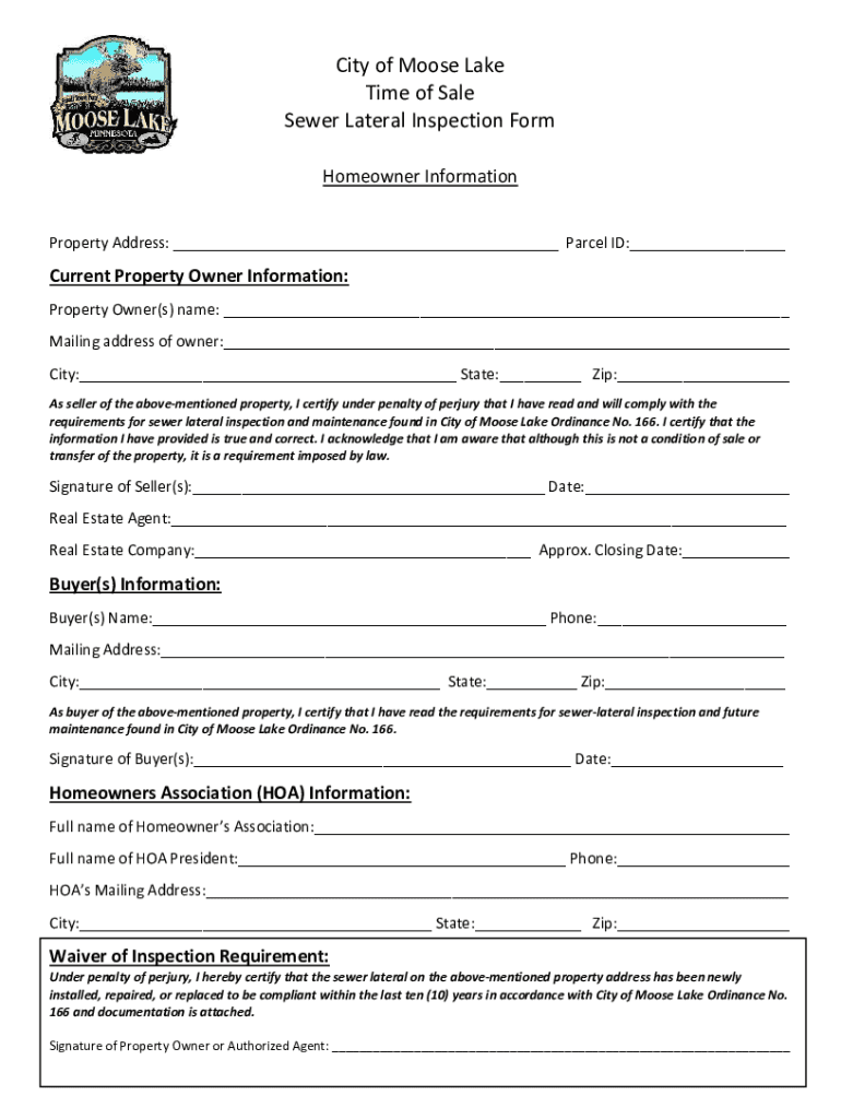 Fillable Online City of Moose Lake Time of Sale Sewer Lateral
