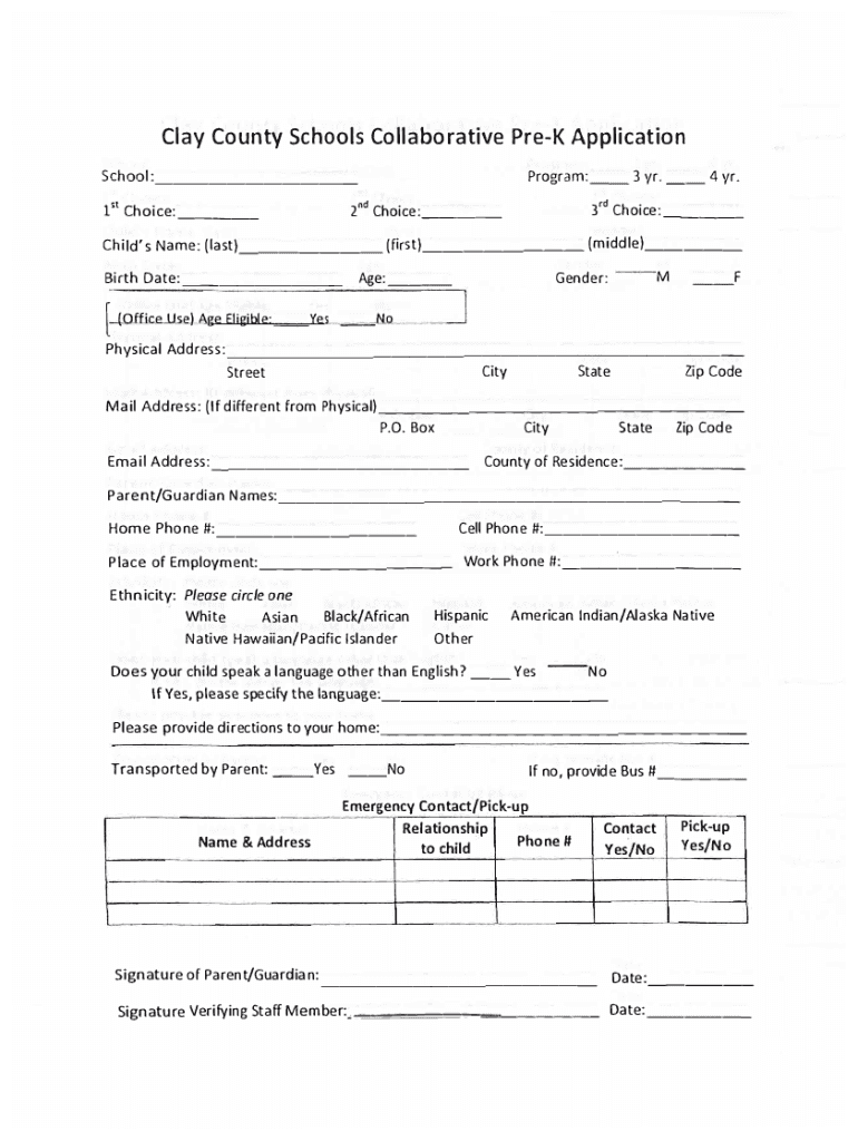 Fillable Online Clay County Schools Collaborative PreK Application Fax