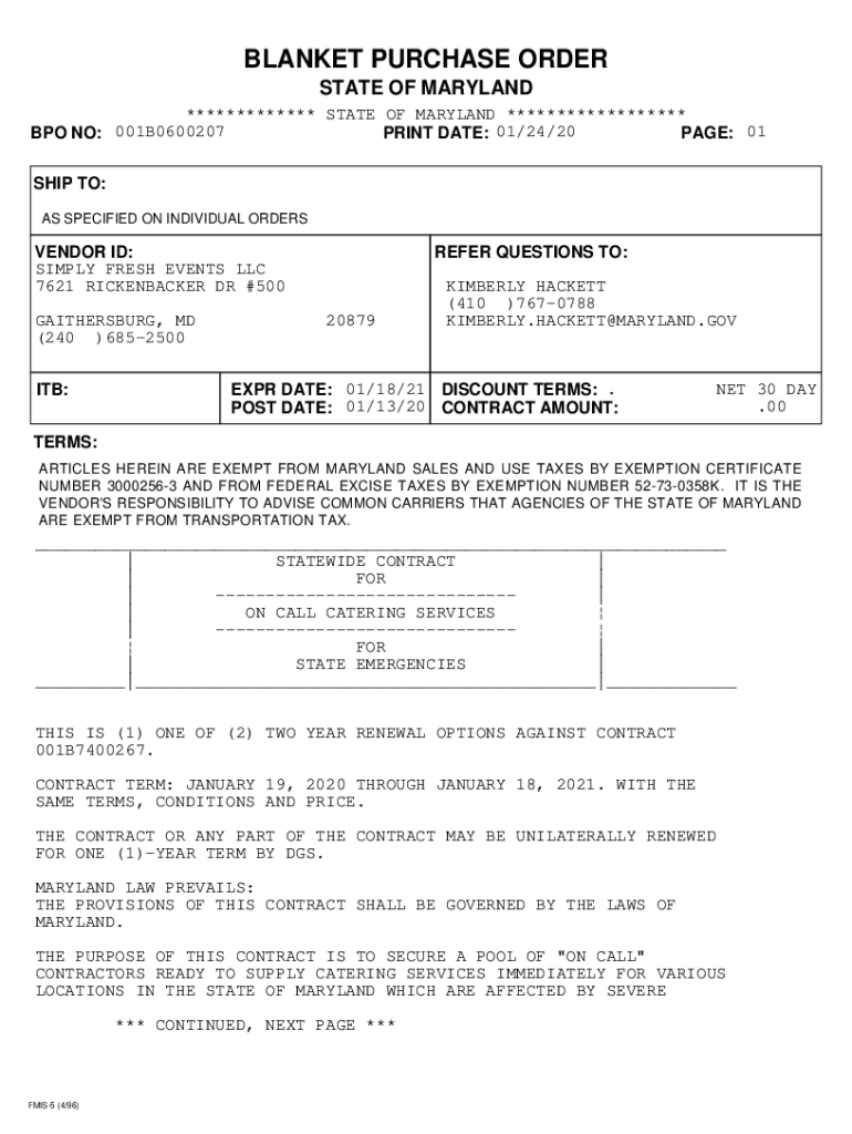 Fillable Online dgs maryland How to use Blanket Purchase Orders for