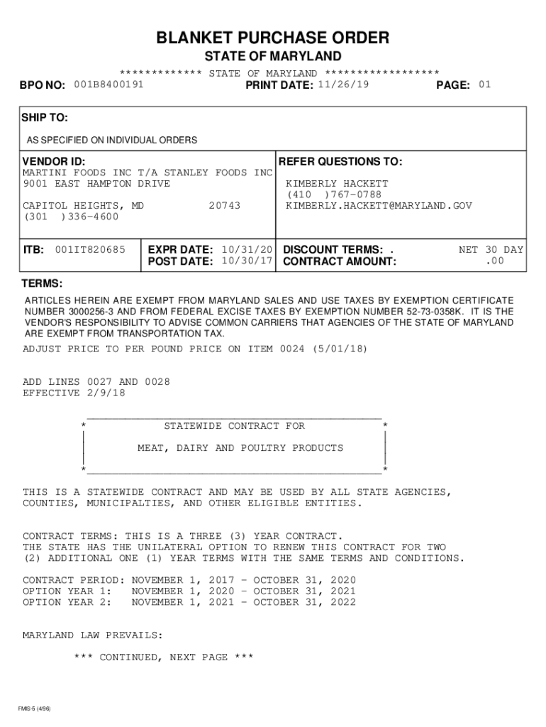 Fillable Online dgs maryland PDF version of FMIS BPO. Blanket Purchase