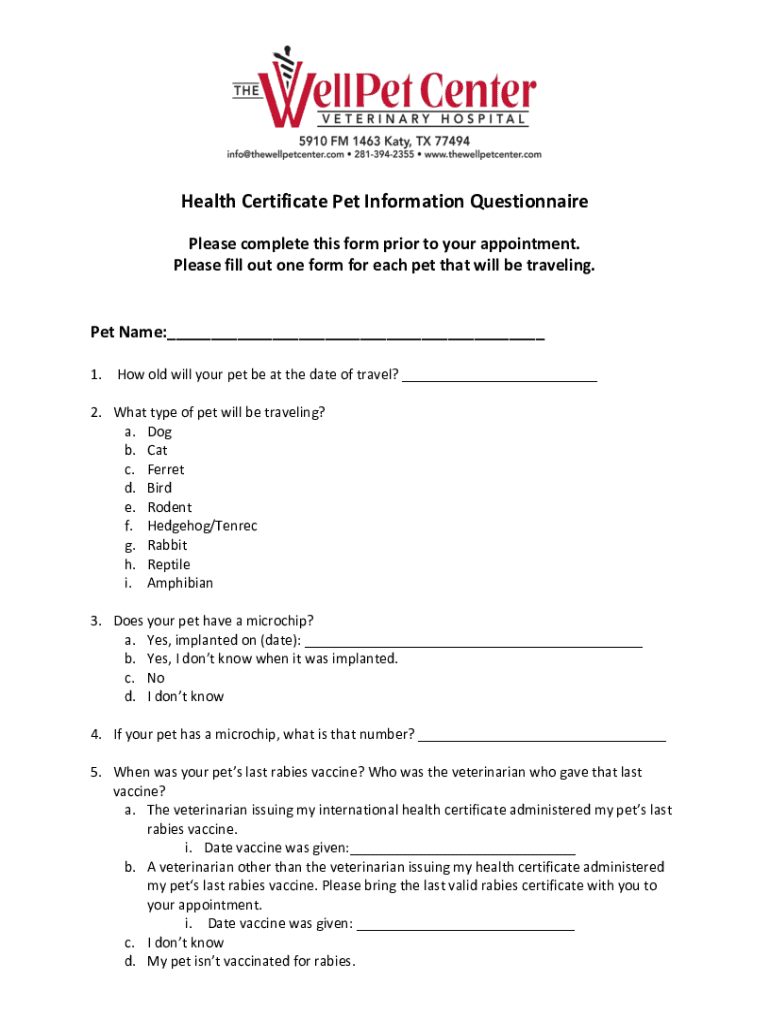 Fillable Online Health Certificate Pet Info Questionnaire.docx Fax