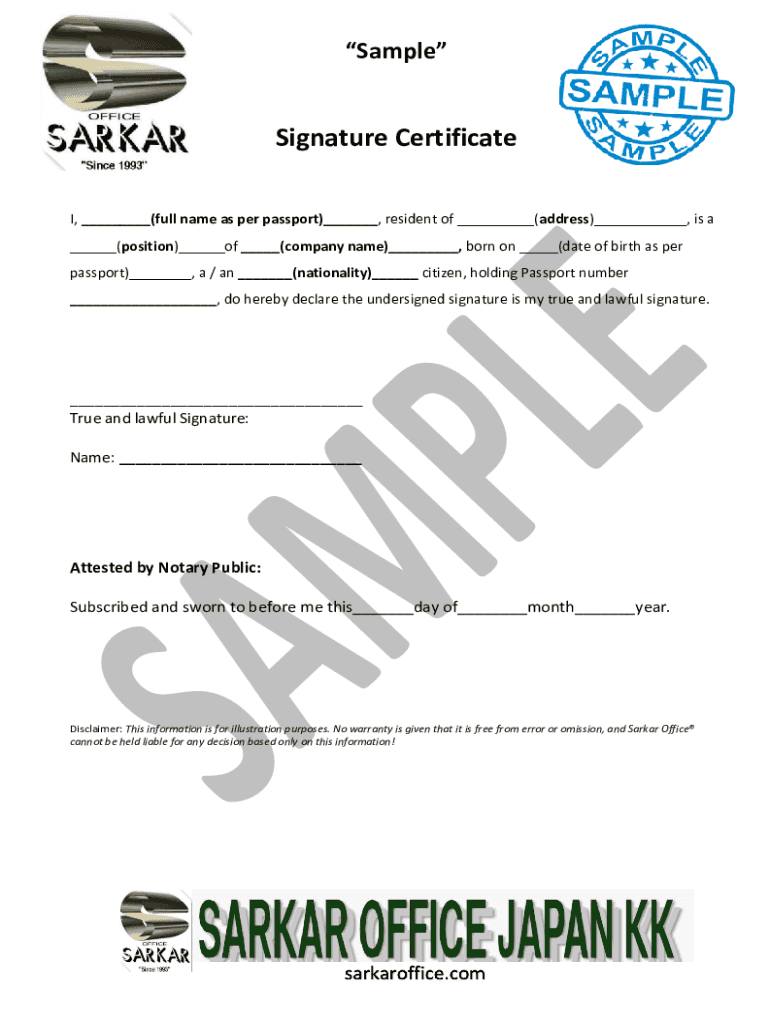 Fillable Online Signature Certificate Sample (Japan Incorporation