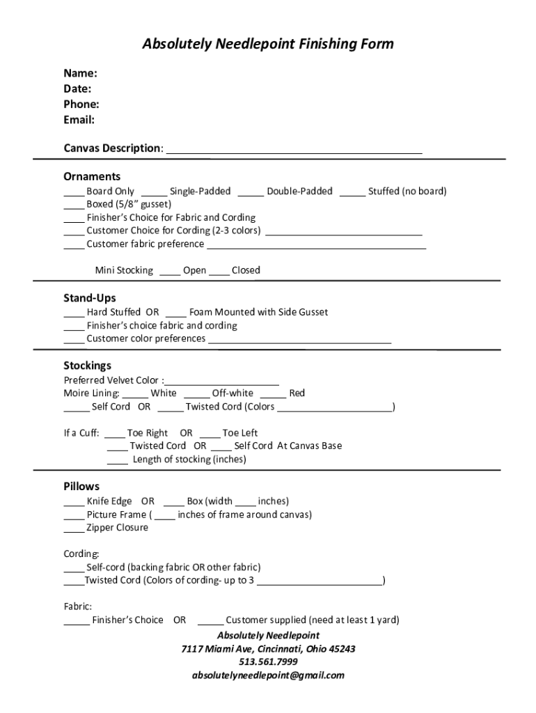 Fillable Online Absolutely Needlepoint Finishing Form Fax Email Print