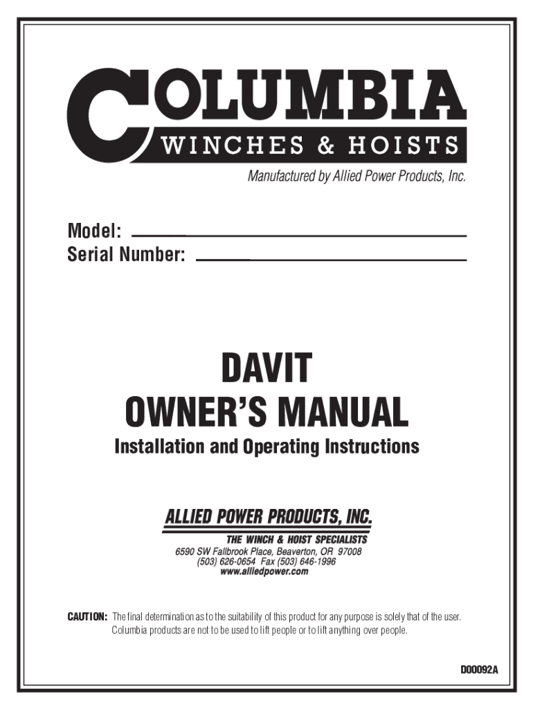 Fillable Online Columbia Winches and Hoists, Davit Owner's Manual. For