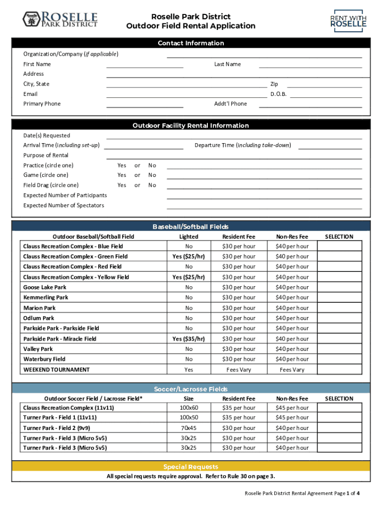 Fillable Online Roselle Park District Outdoor Field Rental Application