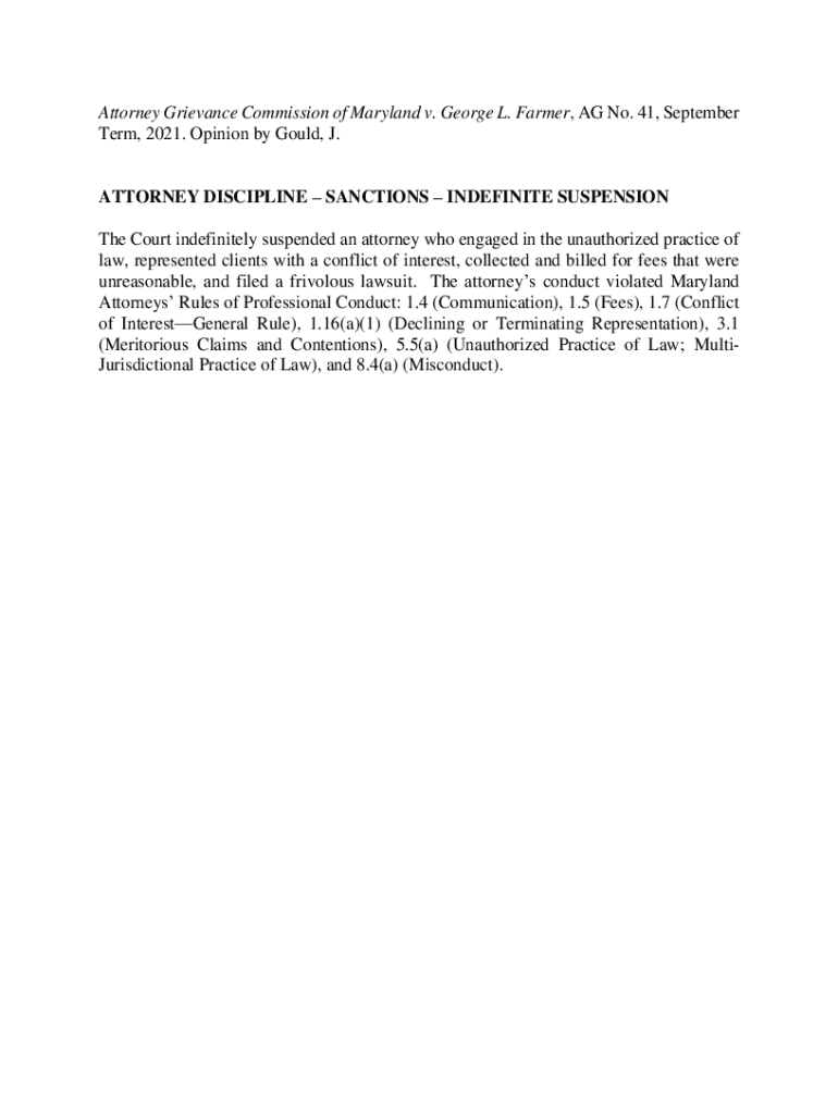 Fillable Online Attorney Grievance Comm'n of Md. v. Farmer474 Md. 44 Fax Email Print pdfFiller
